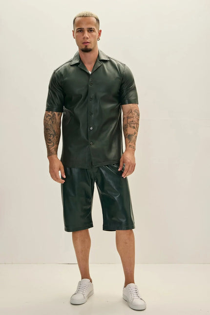 Men's Short-Sleeve Lambskin Leather Shirt - Olive | Ron Tomson