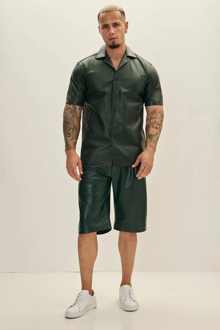 Men's Short-Sleeve Lambskin Leather Shirt - Olive | Ron Tomson