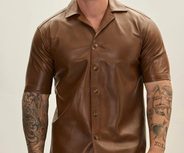 mens brown short sleeve dress shirt Men's Performance Western Short Sleeve Brown Shirt XL / Brown