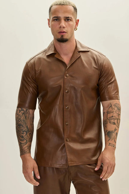 Men's Short-Sleeve Leather Shirt - Brown | Ron Tomson