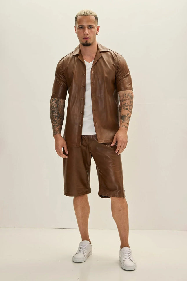 Men's Short-Sleeve Leather Shirt - Brown | Ron Tomson