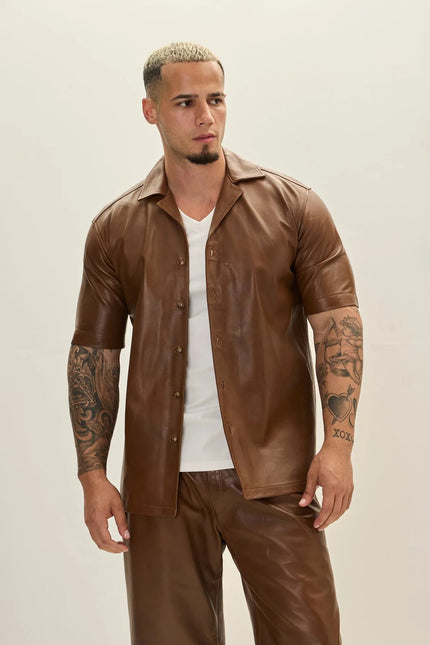 Men's Short-Sleeve Leather Shirt - Brown | Ron Tomson