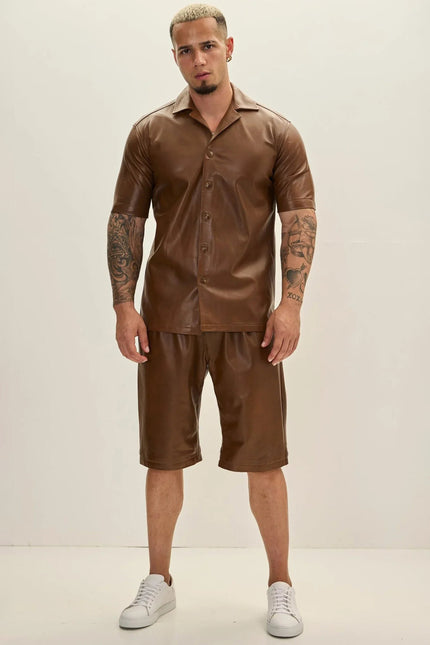 Men's Short-Sleeve Leather Shirt - Brown | Ron Tomson