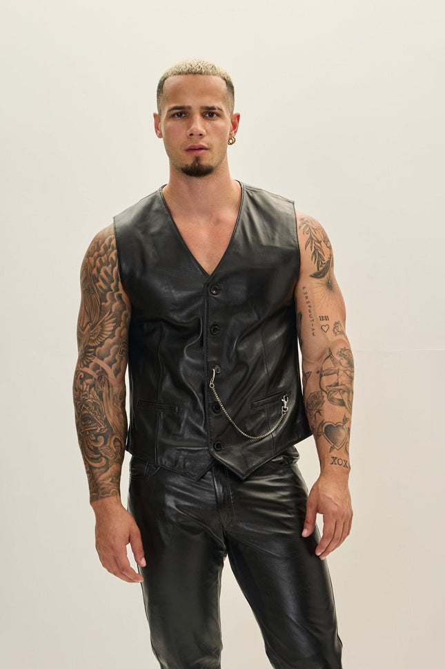 Men's Button Down Leather Vest - Black | Ron Tomson