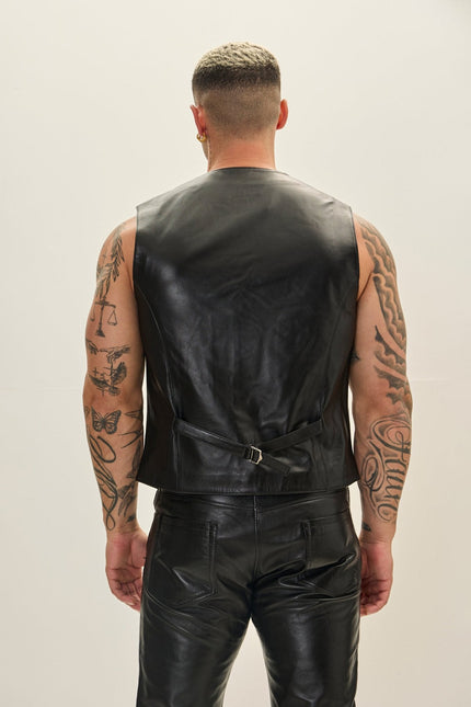 Men's Button Down Leather Vest - Black | Ron Tomson