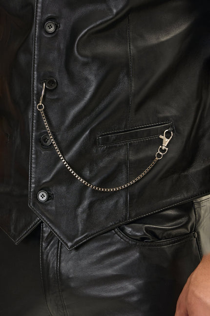 Men's Button Down Leather Vest - Black | Ron Tomson