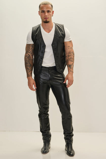 Men's Club-Style Lambskin Leather Vest - Black | Ron Tomson