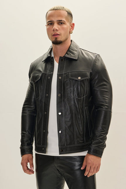 Men's Lambskin Leather Shirt Jacket - Black | Ron Tomson