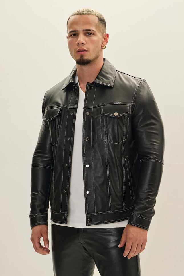 Men's Lambskin Leather Shirt Jacket - Black | Ron Tomson
