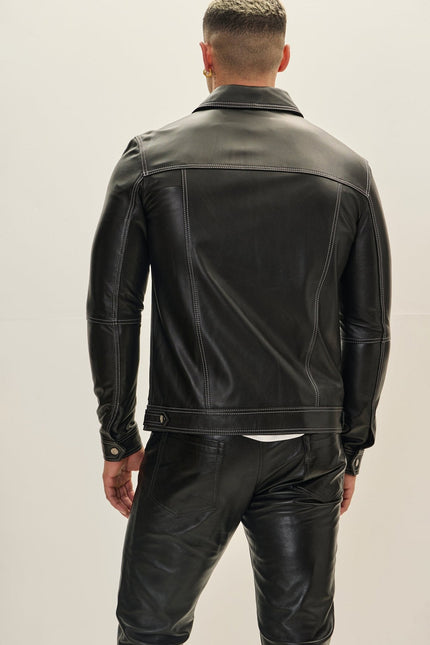 Men's Lambskin Leather Shirt Jacket - Black | Ron Tomson