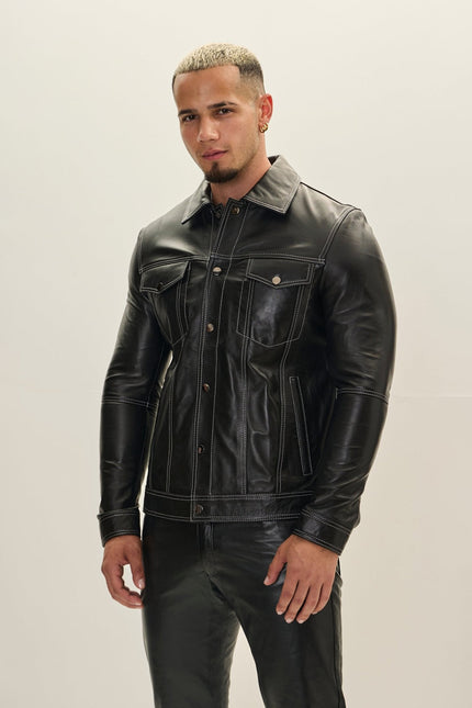 Men's Lambskin Leather Shirt Jacket - Black | Ron Tomson