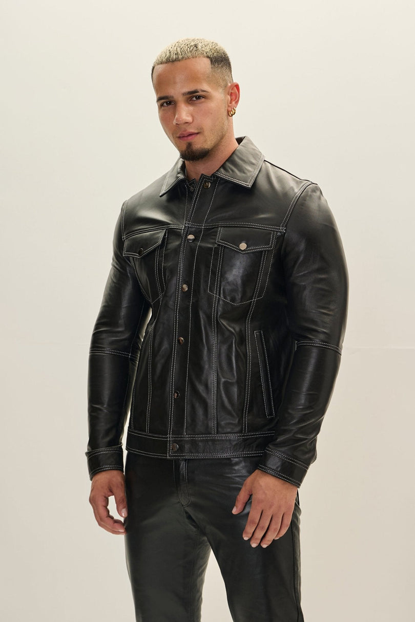 Men's Lambskin Leather Shirt Jacket - Black | Ron Tomson