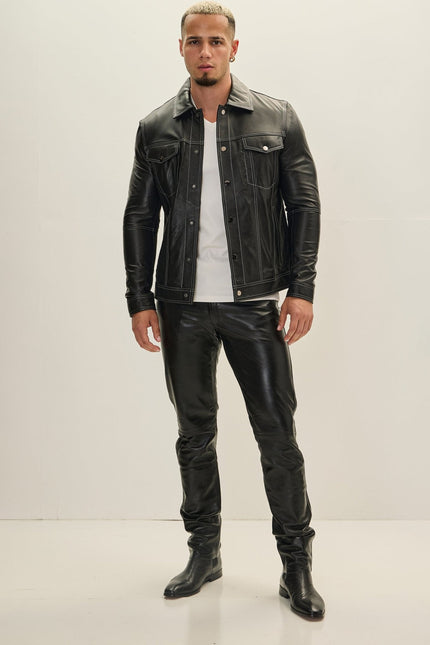 Men's Lambskin Leather Shirt Jacket - Black | Ron Tomson