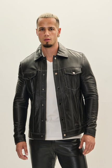 Men's Lambskin Leather Shirt Jacket - Black | Ron Tomson