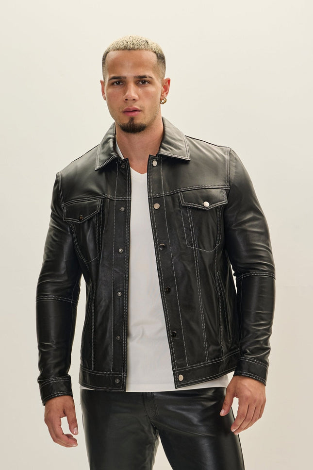 Men's Lambskin Leather Shirt Jacket - Black | Ron Tomson