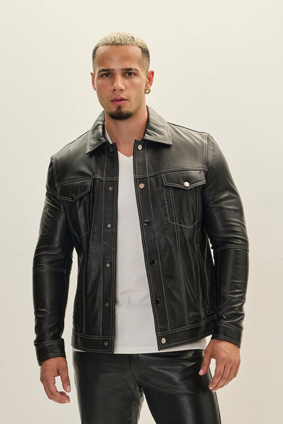 Men's Lambskin Leather Shirt Jacket - Black | Ron Tomson