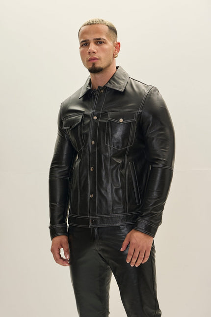 Men's Lambskin Leather Shirt Jacket - Black | Ron Tomson