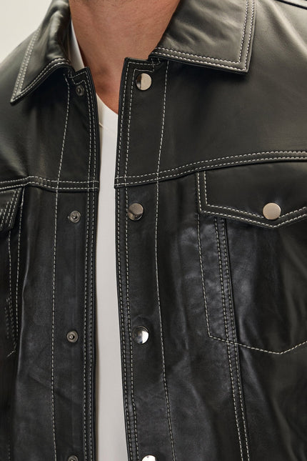Men's Lambskin Leather Shirt Jacket - Black | Ron Tomson