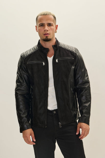 Men's Leather Suede Roadster Jacket - Black | Ron Tomson