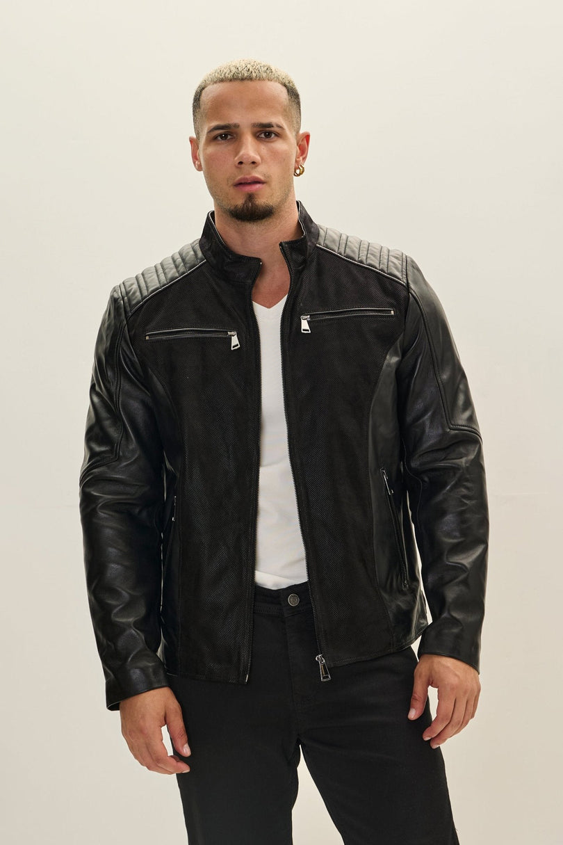 Men's Leather Suede Roadster Jacket - Black | Ron Tomson