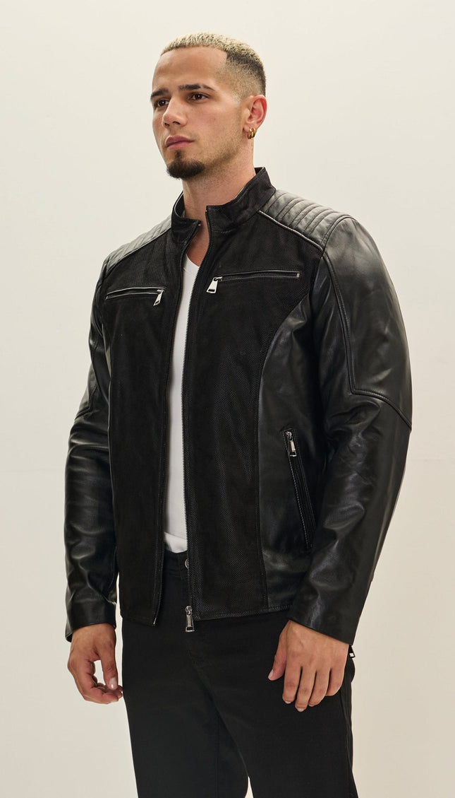 Leather Suede Roadster Jacket - Black