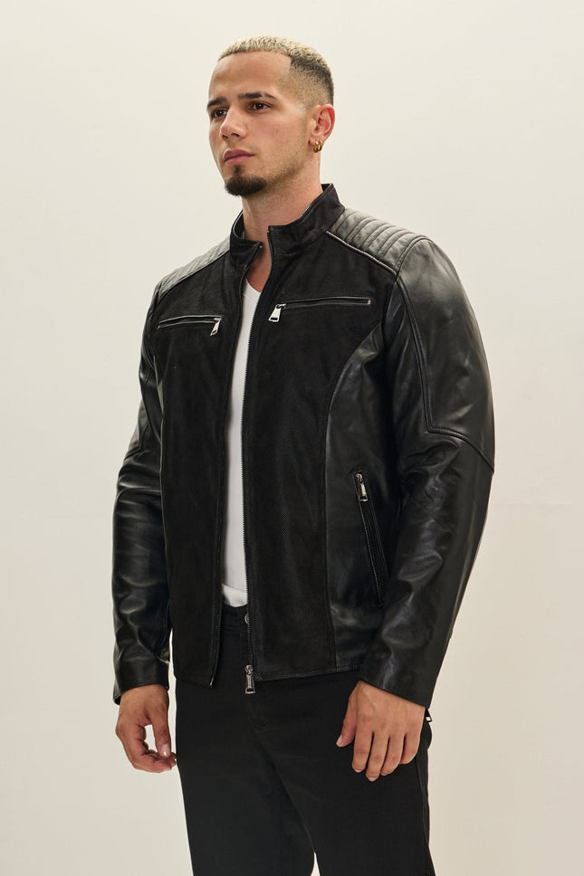 Men's Leather Suede Roadster Jacket - Black | Ron Tomson