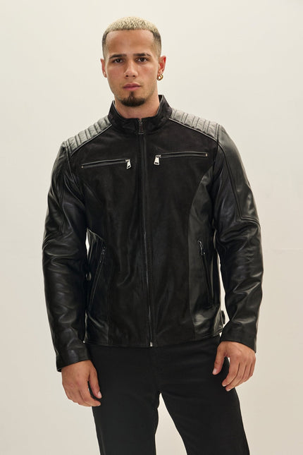 Men's Leather Suede Roadster Jacket - Black | Ron Tomson