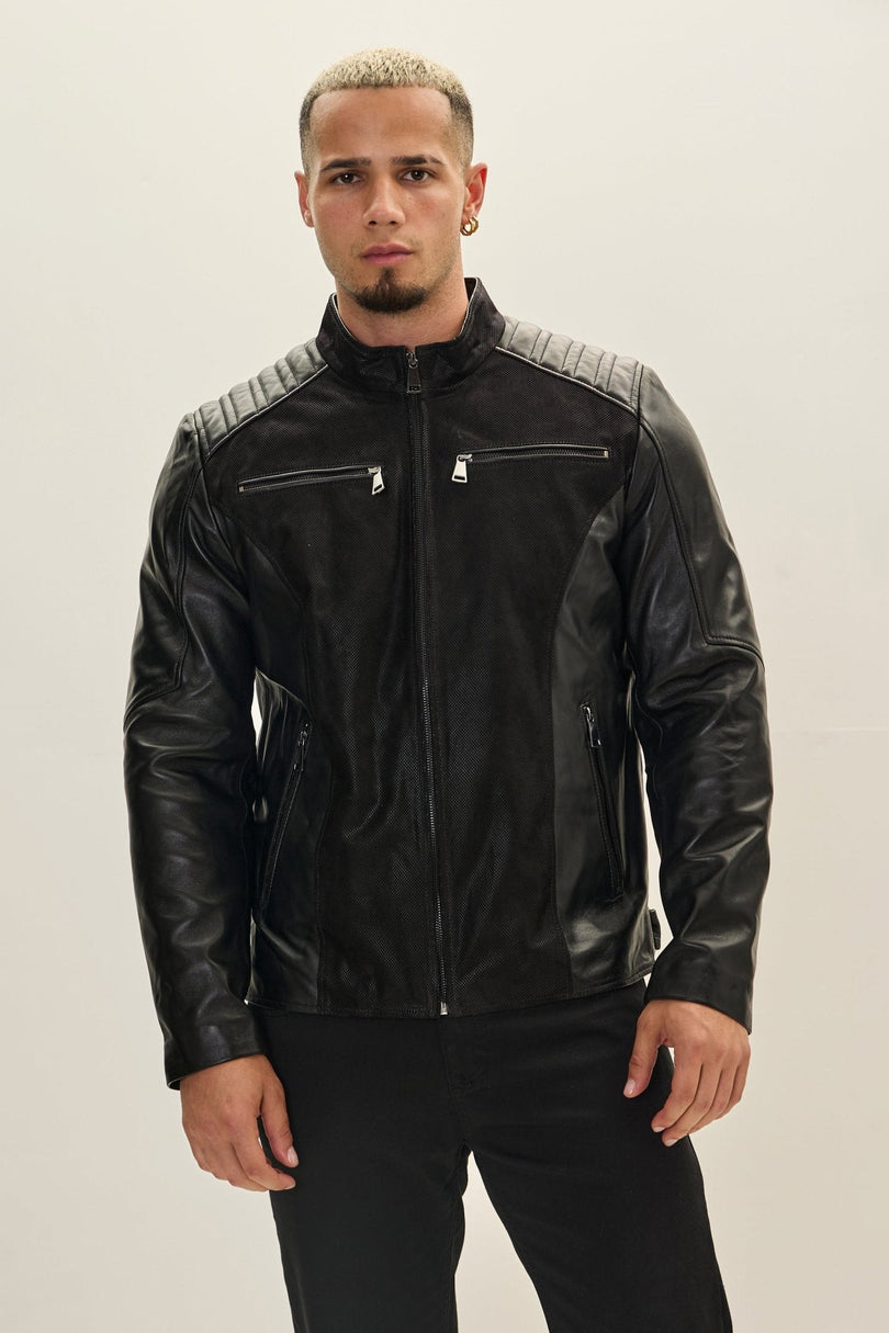 Men's Leather Suede Roadster Jacket - Black | Ron Tomson