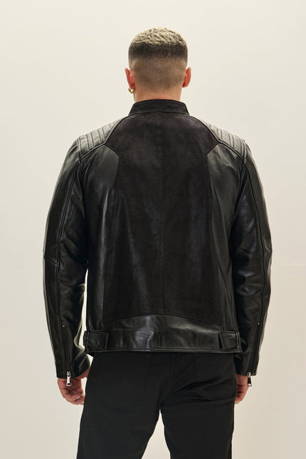 Men's Leather Suede Roadster Jacket - Black | Ron Tomson