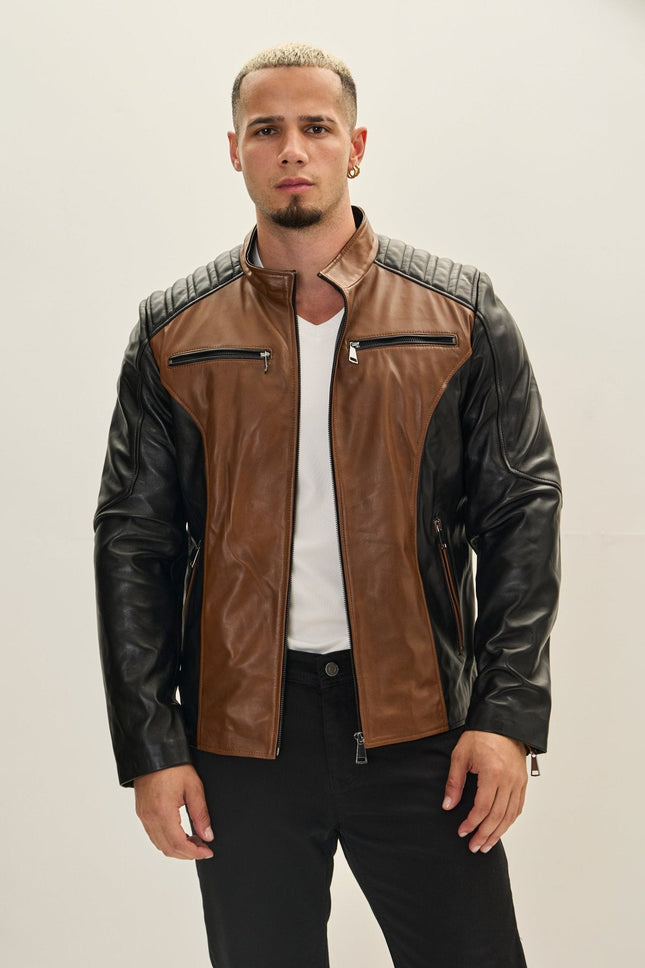 Men's Mixed Media Leather Motorcycle Jacket - Black Whiskey | Ron Tomson