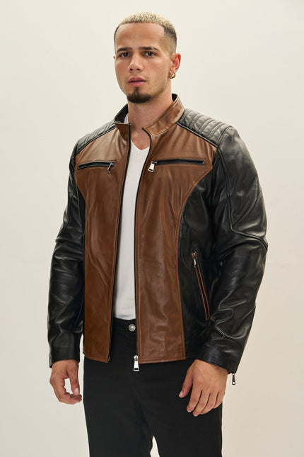 Men's Mixed Media Leather Motorcycle Jacket - Black Whiskey | Ron Tomson