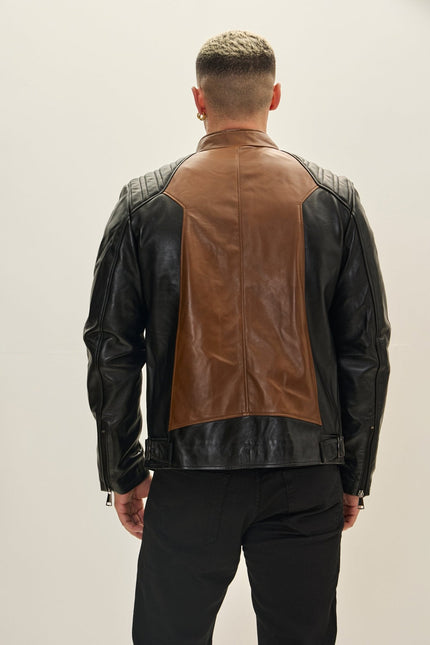 Men's Mixed Media Leather Motorcycle Jacket - Black Whiskey | Ron Tomson