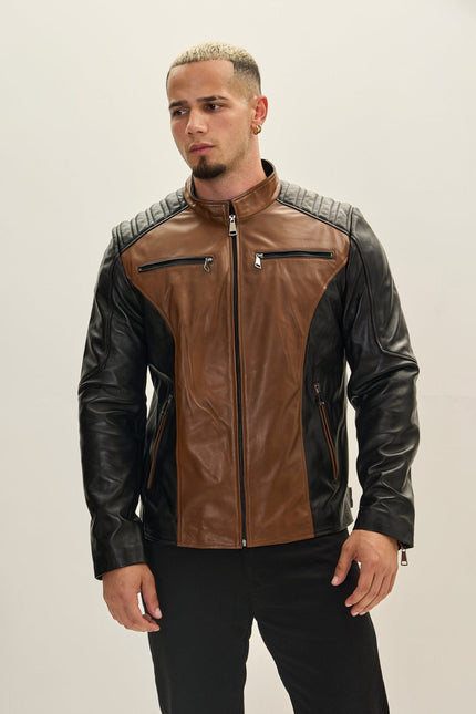 Men's Mixed Media Leather Motorcycle Jacket - Black Whiskey | Ron Tomson