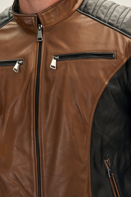 Men's Mixed Media Leather Motorcycle Jacket - Black Whiskey | Ron Tomson