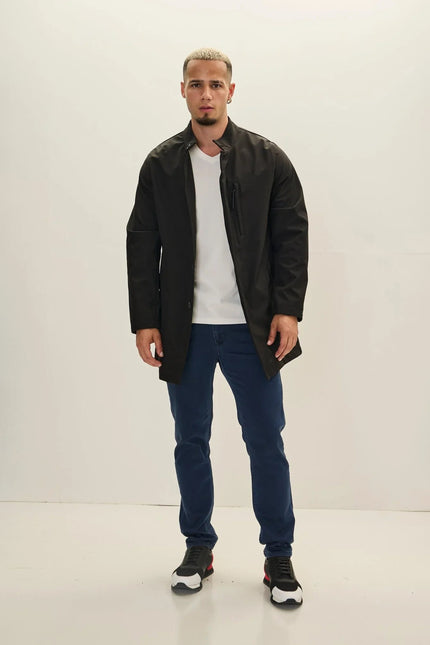 Men's Long Storm-Flap Raincoat - Black | Ron Tomson