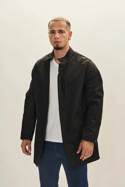 Men's Long Storm-Flap Raincoat - Black | Ron Tomson