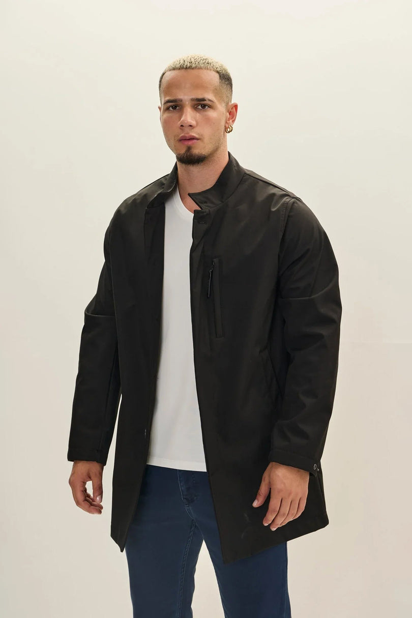 Men's Long Storm-Flap Raincoat - Black | Ron Tomson