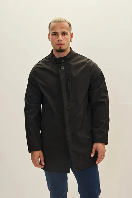Men's Long Storm-Flap Raincoat - Black | Ron Tomson