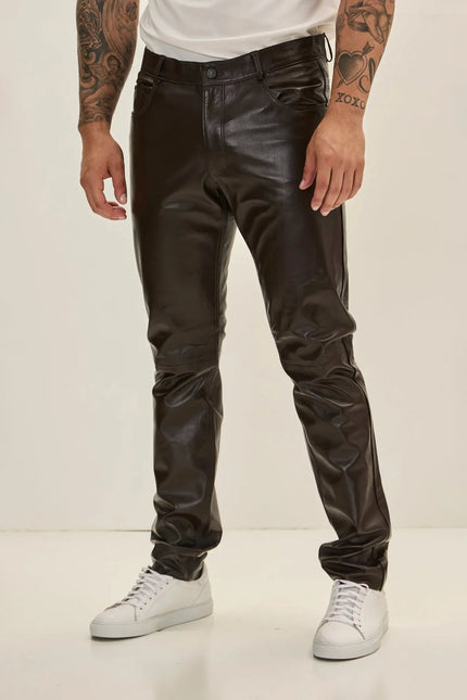Men's Lambskin Leather Pants - Dark Brown | Ron Tomson