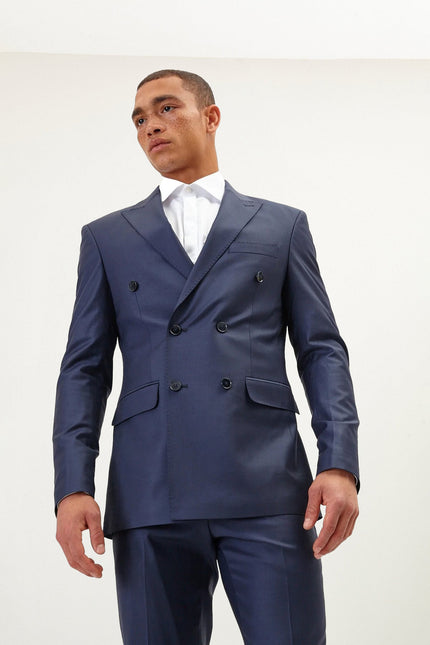 Men's Italian Super 120s Merino Wool Double-Breasted Suit - Dark Navy | Ron Tomson