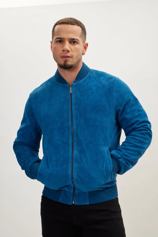 Men's Lambskin Suede Bomber - Blue | Ron Tomson