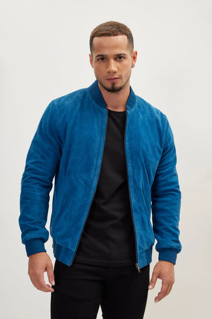Men's Lambskin Suede Bomber - Blue | Ron Tomson
