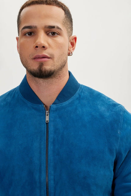 Men's Lambskin Suede Bomber - Blue | Ron Tomson