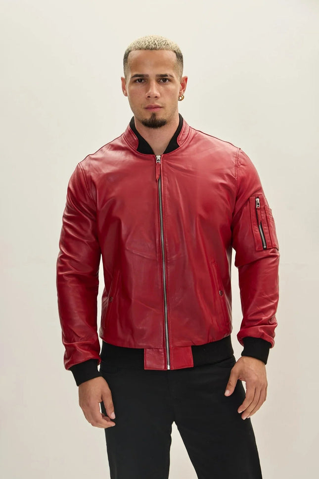 Men's Leather Bomber Jacket - Red | Ron Tomson