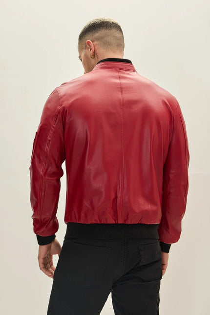 Men's Leather Bomber Jacket - Red | Ron Tomson