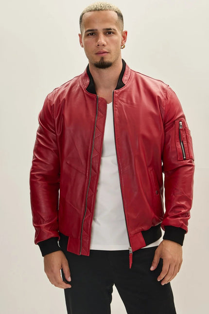 Men's Leather Bomber Jacket - Red | Ron Tomson