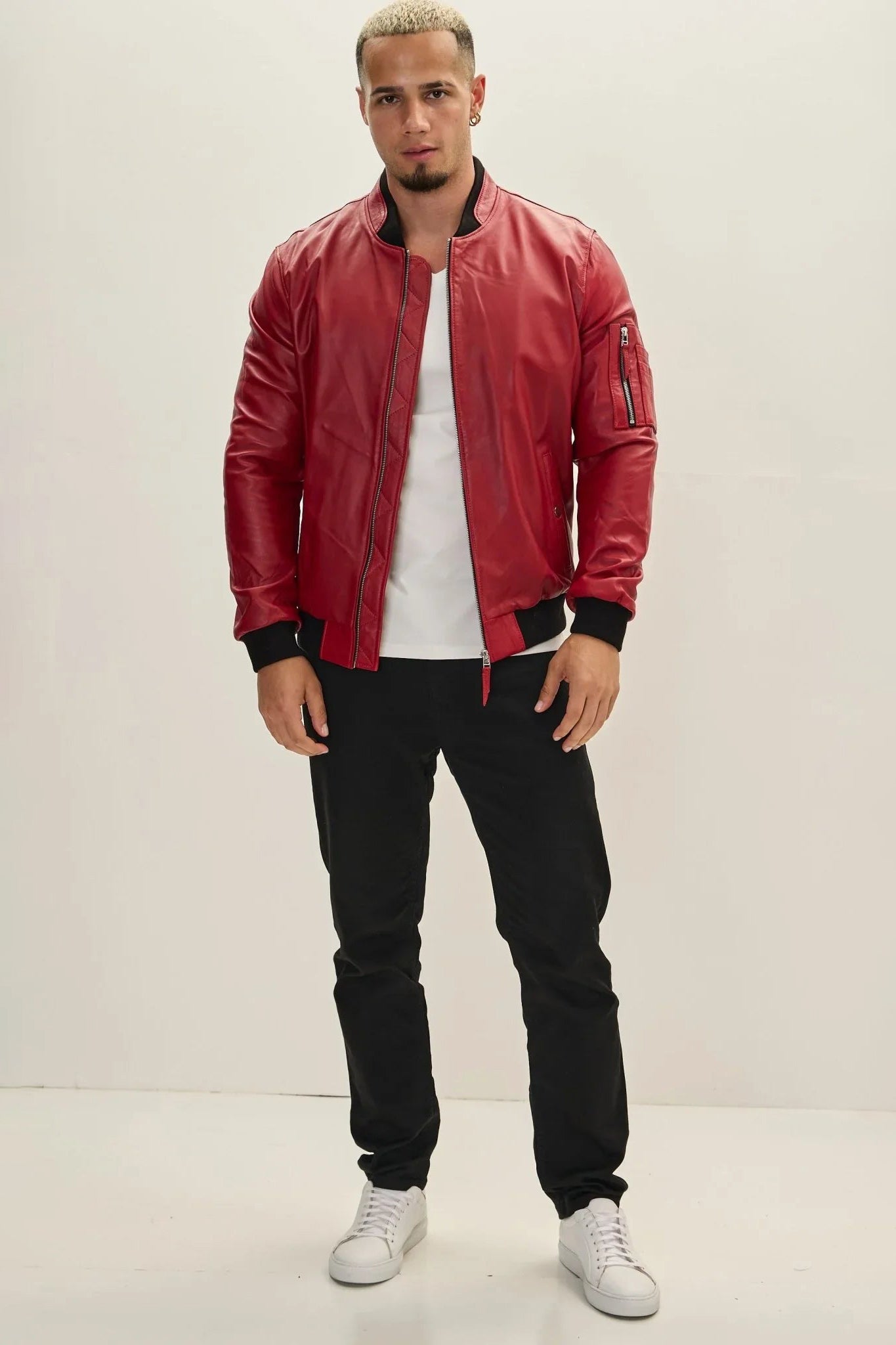 Men's Leather Bomber Jacket - Red | Ron Tomson