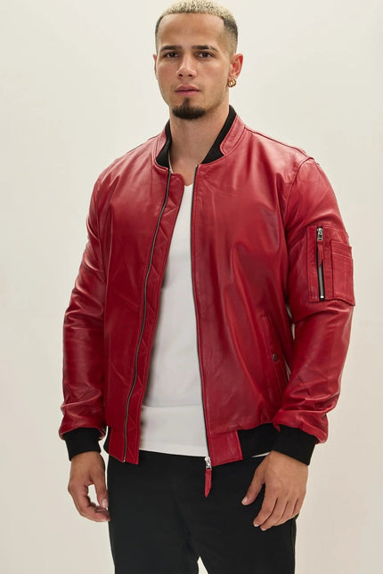 Men's Leather Bomber Jacket - Red | Ron Tomson