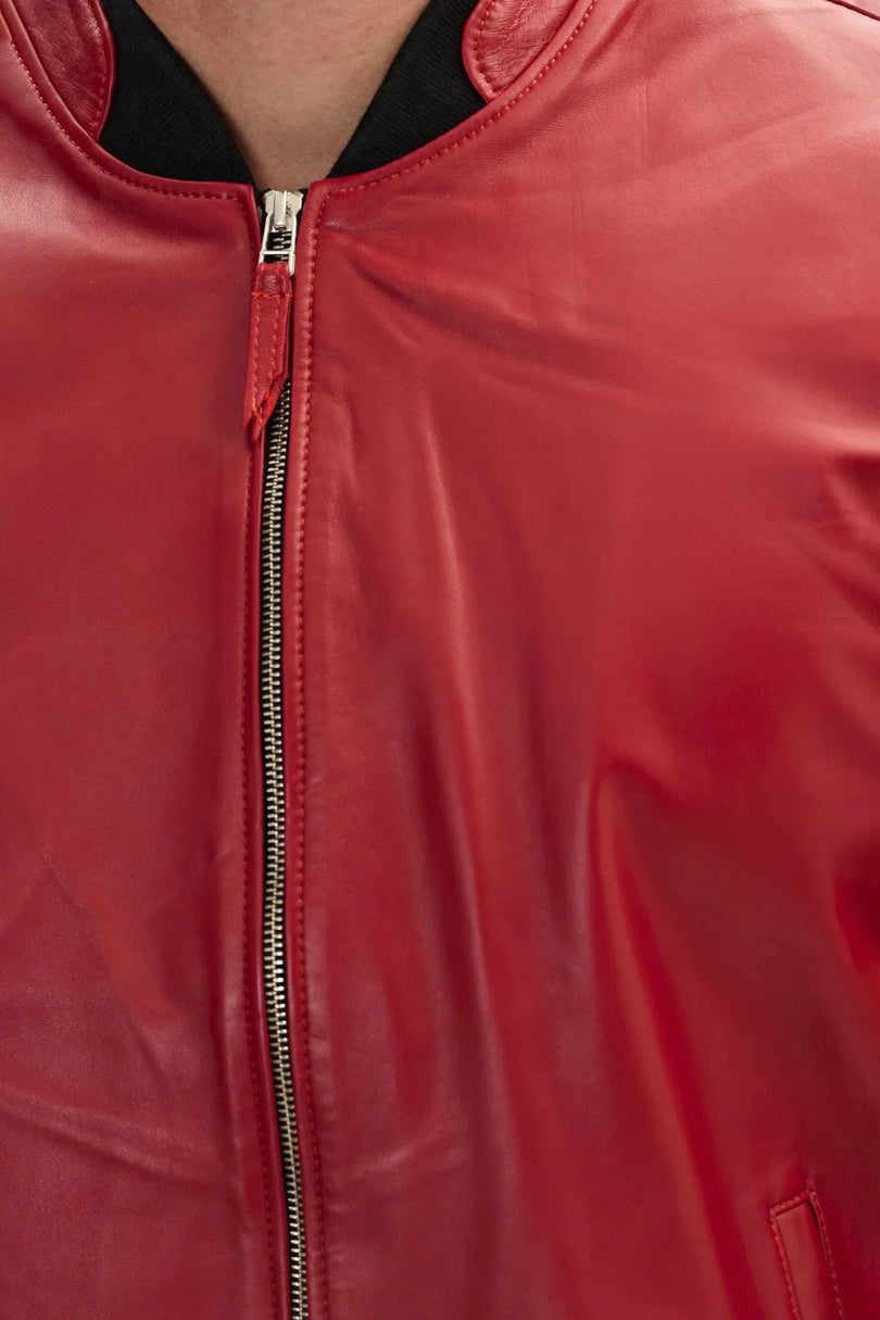 Men's Leather Bomber Jacket - Red | Ron Tomson