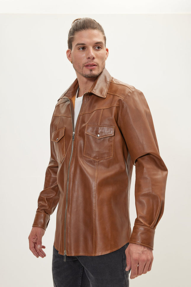 Men's Full-Zip Leather Shirt - Brown | Ron Tomson